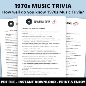 1970s Music Trivia: Multiple Choice Quiz Game (Instant Download) image 1