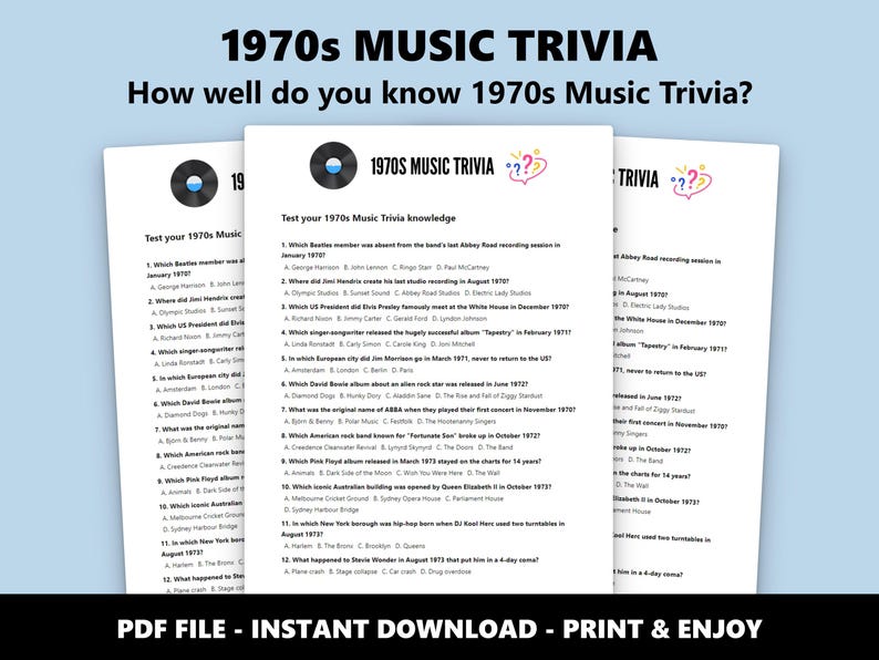 1970s Music Trivia: Multiple Choice Quiz Game (Instant Download) image 1