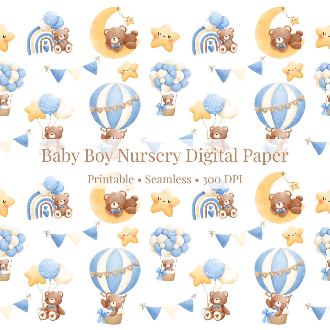 Baby Boy Nursery Digital Paper | Teddy Bear Seamless Pattern | Blue ...