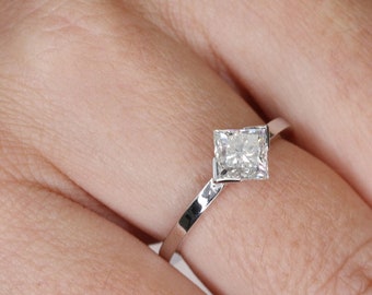 Princess Cut White Moissanite Ring, Promise Ring, Half Bezel Solitaire Diamond Ring, Anniversary Gift, Gift For Her, 925 Sterling Silver