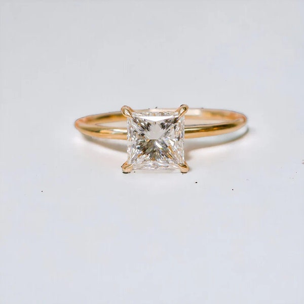 Dainty Engagement Ring VVS, Princess Cut Engagement Moissanite Diamond Yellow Gold Plated Ring, Claw Prong Ring, Minimalist Fine Jewelry