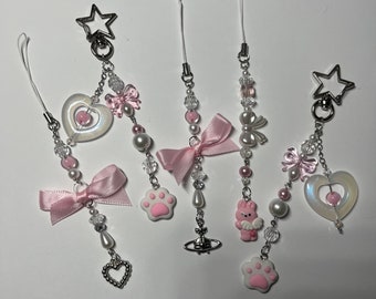 Pink Coquette Keychains and Phone Charms, beaded accessories, Y2K, cute gift for her, bows, phone straps, handmade, pearls