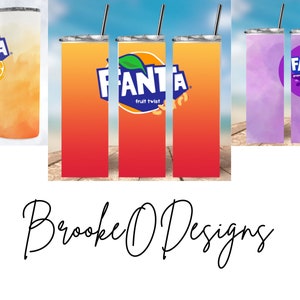 May include: Three stainless steel tumblers with different designs featuring the Fanta logo. The first tumbler has an orange gradient with the text "Fanta Orange". The second tumbler has a red and orange gradient with the text "Fanta Fruit Twist". The third tumbler has a purple gradient with the text "Fanta Grape".