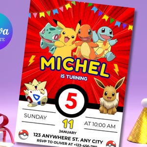 Editable Poke mon Invitation, Poke mon Birthday Invitation, Printable Birthday Party Invitation, Digital Bday Party Invite Template in Canva
