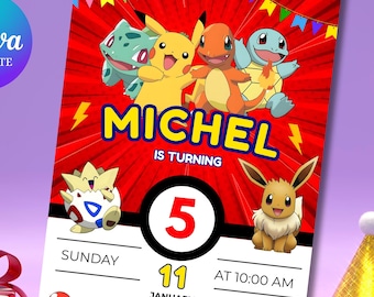 Editable Poke mon Invitation, Poke mon Birthday Invitation, Printable Birthday Party Invitation, Digital Bday Party Invite Template in Canva