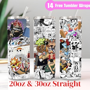 Może przedstawiać: Trzy proste kubki 20oz i 30oz ze słomkami, z kolorowymi grafikami w stylu anime. Kubki prezentują różne postacie i sceny z serii mangi, z różowym banerem z napisem "14 Free Tumbler Wraps". Na dole obrazu napis "20oz & 30oz Straight".