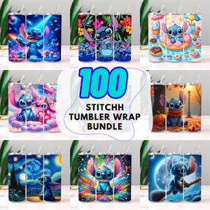 May include: A collection of stainless steel tumblers with various colorful designs featuring the character Stitch. The tumblers have different backgrounds, including space, floral, and seasonal themes. The text "100 STITCHH TUMBLER WRAP BUNDLE" is displayed.