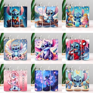 May include: Nine stainless steel tumblers with various colorful designs featuring the character Stitch. The designs include Stitch in different settings, such as on a boat, with flowers, and with other characters. Each tumbler has a clear straw.