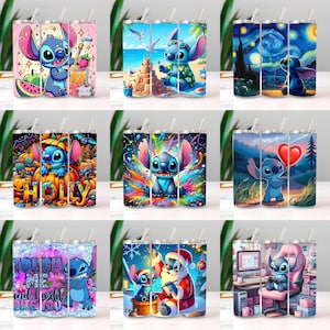May include: A collection of nine stainless steel tumblers featuring colorful designs of the character Stitch. The tumblers showcase various themes, including beach scenes, starry nights, Halloween, and holiday motifs. Each tumbler has a straw.