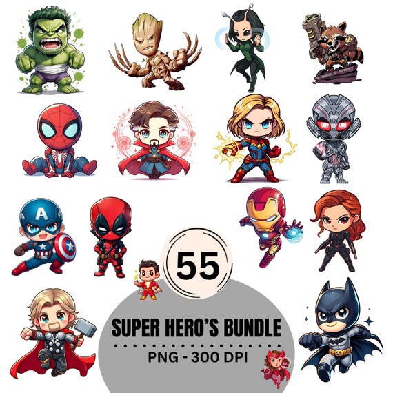 Superhero Clipart, Baby Heroes Marvelavengers Clipart, Marvelcomics, Guardians of the Superhero, Marvelcharacter Spider Superman PNG Bundle