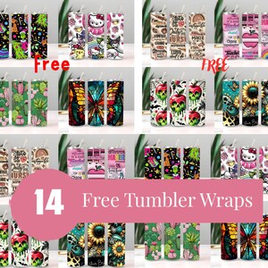 May include: Collection of 14 free tumbler wraps with various designs. Includes wraps with colorful patterns, floral designs, and cartoon characters. Some wraps feature text, such as "Teacher" and "Daily Inspiration".