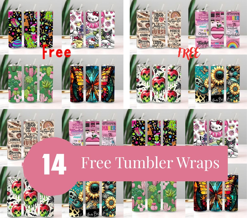 May include: Collection of 14 free tumbler wraps with various designs. Includes wraps with colorful patterns, floral designs, and cartoon characters. Some wraps feature text, such as "Teacher" and "Daily Inspiration".