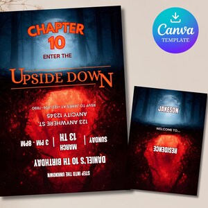 May include: Two invitation cards with a dark, mysterious theme. The larger card reads "Chapter 10 Enter The Upside Down" in orange text. The smaller card says "Welcome to... Residence" and "Jakeson". A Canva template logo is in the upper right.