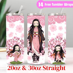 May include: Three straight 20oz and 30oz tumblers with lids and straws. The tumblers feature a pink and white floral design with anime character illustrations. The text "14 Free Tumbler Wraps" is at the top, and "20oz & 30oz Straight" is at the bottom.