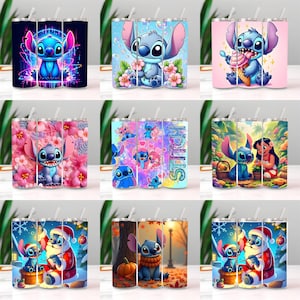 May include: A collection of nine stainless steel tumblers featuring the character Stitch from the animated film Lilo & Stitch. Each tumbler has a different design, including Stitch with flowers, ice cream, and holiday themes. The tumblers have a straw and are designed for cold beverages.