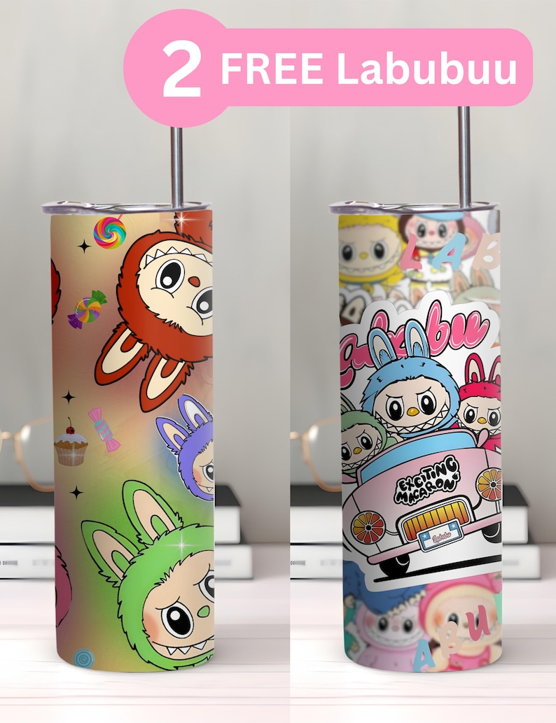 May include: Two stainless steel tumblers with colorful cartoon character designs. One tumbler features a red and brown character with candy graphics, while the other has a pink car and multiple characters. The text "2 FREE Labubuu" is above.