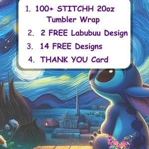May include: A digital art image featuring a blue cartoon character sitting on a wooden dock, with a starry night background. Text reads "What Will You Get" and lists items including a 20oz tumbler wrap and free designs.