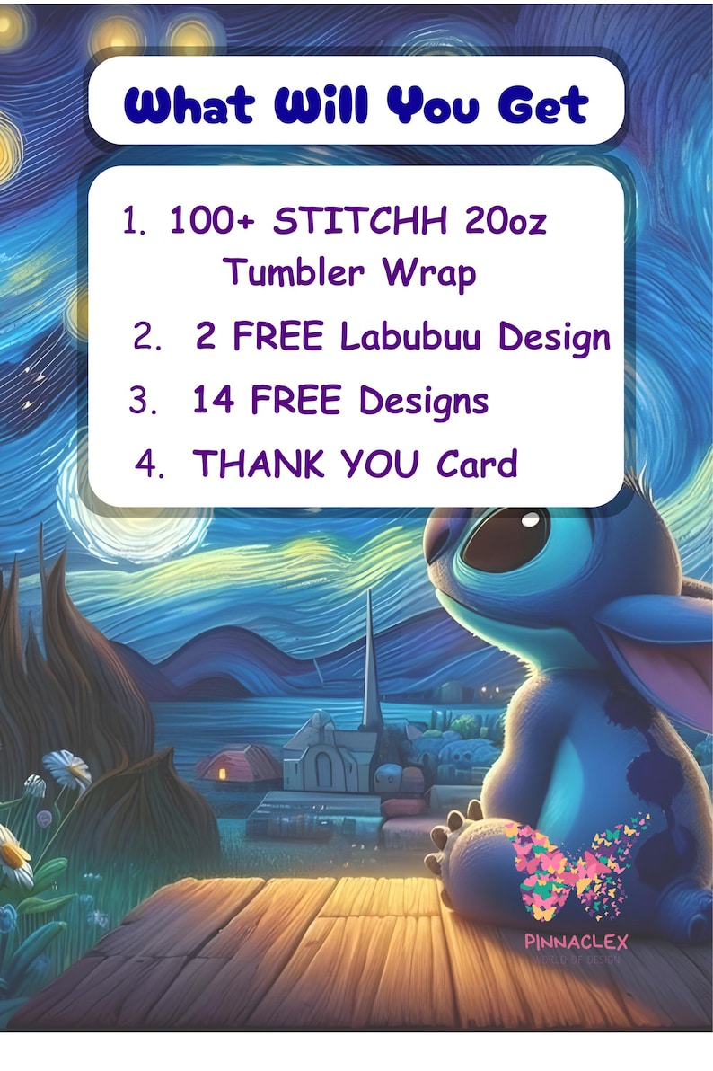 May include: A digital art image featuring a blue cartoon character sitting on a wooden dock, with a starry night background. Text reads "What Will You Get" and lists items including a 20oz tumbler wrap and free designs.