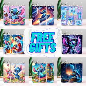 May include: A collection of nine stainless steel tumblers featuring the character Stitch from Lilo & Stitch. Each tumbler has a different colorful design, including Stitch with a donut, on a rocket, and in various themed settings. The phrase "FREE GIFTS" is in the center.