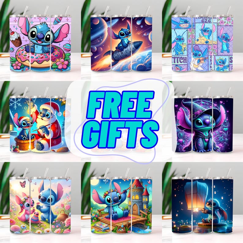May include: A collection of nine stainless steel tumblers featuring the character Stitch from Lilo & Stitch. Each tumbler has a different colorful design, including Stitch with a donut, on a rocket, and in various themed settings. The phrase "FREE GIFTS" is in the center.