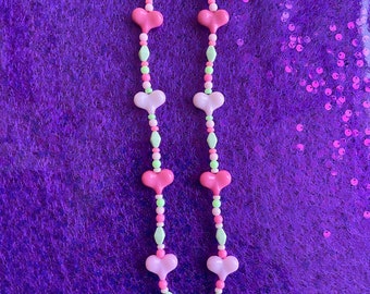 Pink Beaded Necklace with Eyeball Bow - Pastel Goth Jewelry
