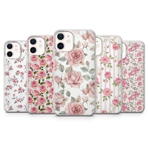 Może przedstawiać: Kolekcja pięciu etui na telefony z kwiatowymi wzorami. Etui mają różne wzory, w tym róże, paski i delikatny kwiatowy nadruk. Paleta kolorów obejmuje odcienie różu, bieli i zieleni.