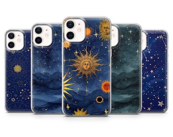 Celestial Phone Case Sun Moon Stars Cover for iPhone 17Pro, 16, 15, 14, 13, 12, Samsung S26, S25, S24, S23Fe, A16, A26, A56, Pixel 10, 9Pro