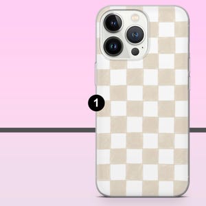 May include: A clear phone case with a beige and white checkered pattern. The case has a camera cutout and is designed to fit a smartphone. The case is made of a clear material, allowing the phone's color to show through.