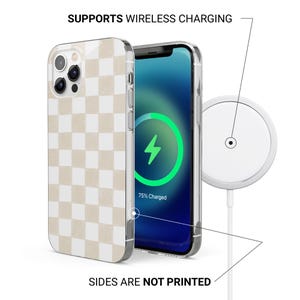 May include: A clear phone case with a beige and white checkerboard pattern. The phone inside shows a charging screen. The text reads "SUPPORTS WIRELESS CHARGING" and "SIDES ARE NOT PRINTED".