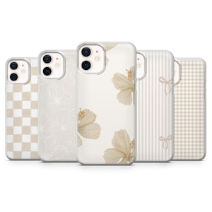 May include: A collection of five phone cases with various designs. The cases feature patterns such as a beige and white checkered pattern, floral outlines, watercolor hibiscus flowers, vertical stripes, and bows. The cases are in neutral tones.