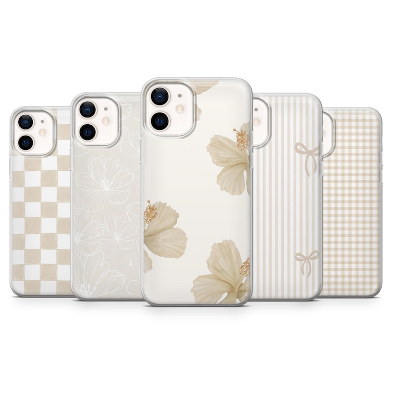 May include: A collection of five phone cases with various designs. The cases feature patterns such as a beige and white checkered pattern, floral outlines, watercolor hibiscus flowers, vertical stripes, and bows. The cases are in neutral tones.