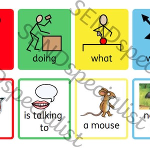 May include: A set of eight colorful cards with images and text. The cards are used to help children learn about who, what, where, doing, is talking to, a fox, a mouse, and near a rock.