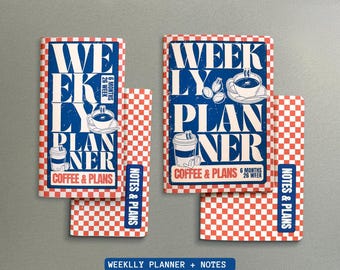 May include: A set of two weekly planners with a red and white chequered border. The blue covers feature the text "WEEKLY PLANNER", "COFFEE & PLANS", "6 MONTHS 26 WEEK", and "NOTES & PLANS" alongside illustrations of coffee cups and beans.