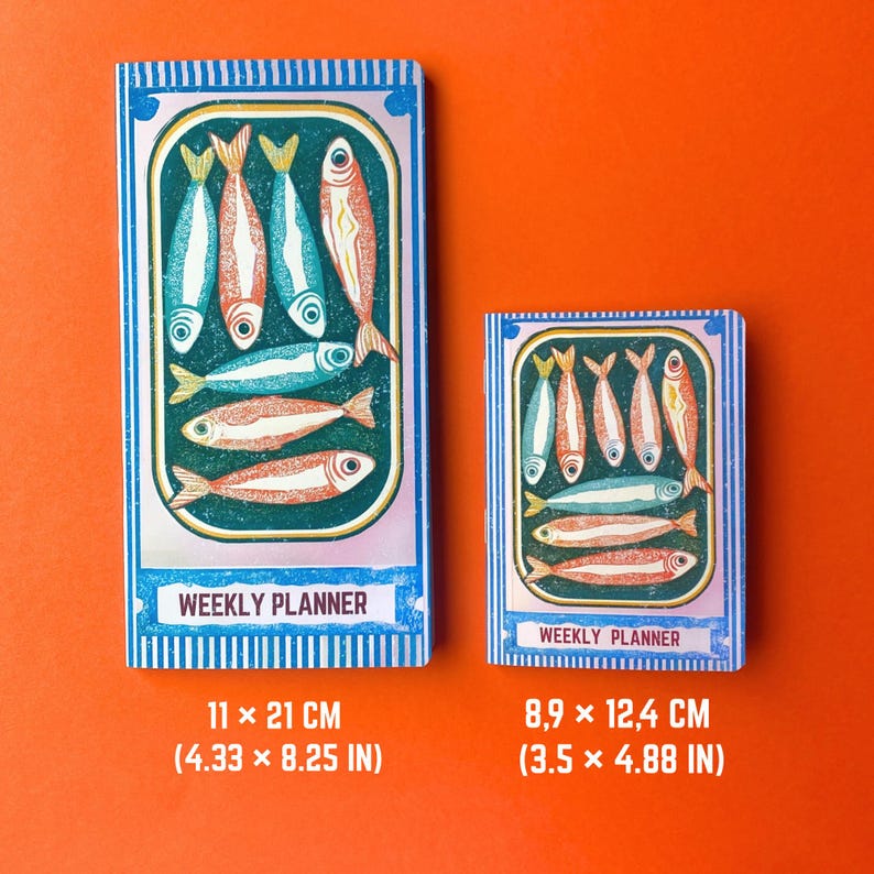 May include: Two weekly planners with a sardine can design. The larger planner measures 4.33 x 8.25 inches, and the smaller one is 3.5 x 4.88 inches. The design features colorful fish illustrations and the text "WEEKLY PLANNER".