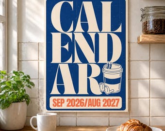 Wandkalender 2026-2027. Academische planner. Retro stijl.