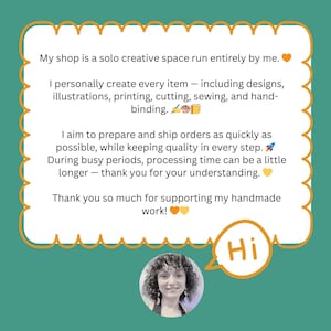 May include: A teal background with a white, scalloped-edged frame containing text. The text describes a solo creative space, handmade items, and thanks for support. A photo of a woman is in the bottom corner.