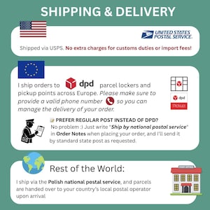 May include: An informational graphic about shipping and delivery options. Includes the USPS logo and text about shipping via USPS. Also shows shipping options to Europe via DPD and to the rest of the world via the Polish national postal service.