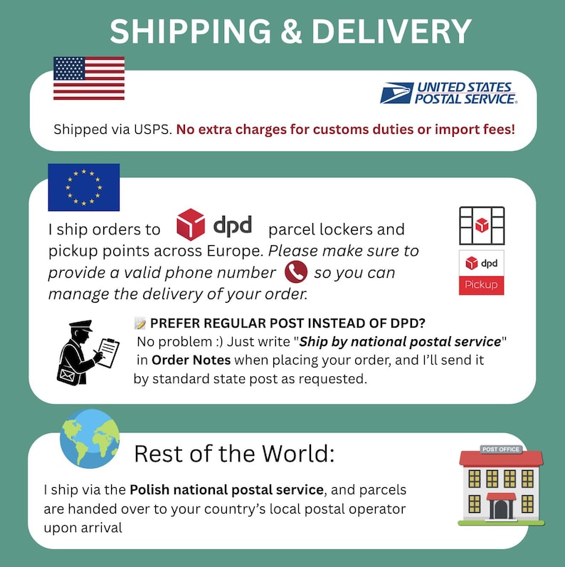 May include: An informational graphic about shipping and delivery options. Includes the USPS logo and text about shipping via USPS. Also shows shipping options to Europe via DPD and to the rest of the world via the Polish national postal service.