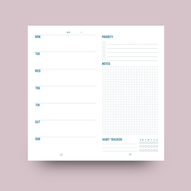 May include: A white weekly planner with blue text and grid lines. The planner includes sections for each day of the week, priority, notes, and a habit tracker. The text includes "MON", "TUE", "WED", "THU", "FRI", "SAT", "SUN", "PRIORITY", "NOTES", and "HABIT TRACKER".