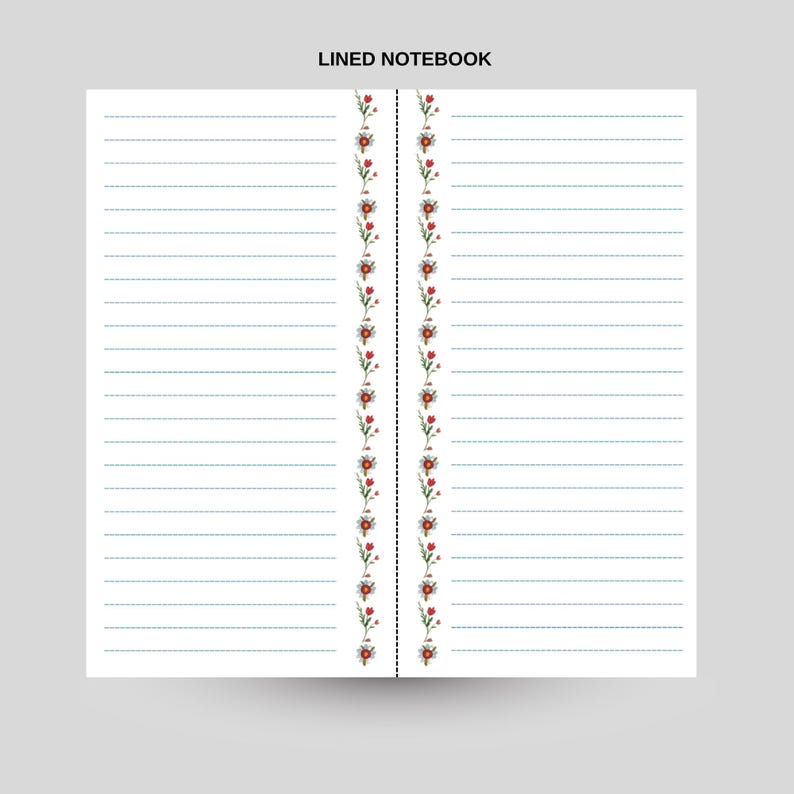 May include: A white lined notebook with the text "LINED NOTEBOOK" at the top. The notebook features blue horizontal lines and floral borders with red flowers and green leaves.
