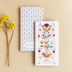 Set agenda settimanale e taccuino a righe 2027 / Inserti per taccuino da viaggio con motivo floreale / Formato standard / Rilegatura cucita