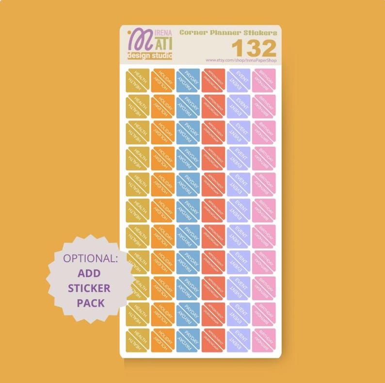 May include: A sheet of planner stickers with various labels, including "Health," "Holiday," "Payday," and "Event." The stickers are in a grid pattern, with a mix of colors like orange, blue, pink, and yellow. The sheet has the text "Corner Planner Stickers 132."