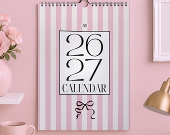 Academic Pink Wall Calendar 2026/2027. Girly Hanging Calendar with Bow. A3/A4 Size