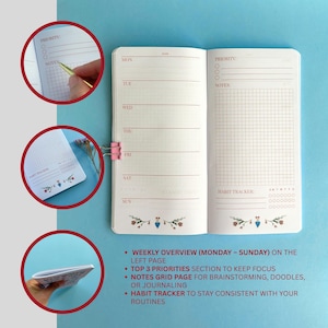 May include: Cream-coloured notebook with a weekly overview, priority section, notes grid, and habit tracker. Pink accents and floral designs decorate the pages. A pen is shown writing in the priority section. The notebook is held together with a pink binder clip.