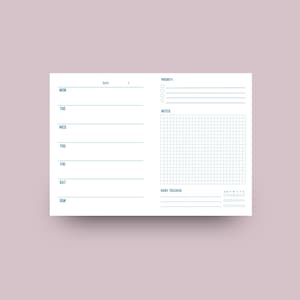 May include: A white weekly planner with blue text and lines. The planner includes sections for each day of the week, a priority list, a notes section, and a habit tracker. The planner is on a light purple background.