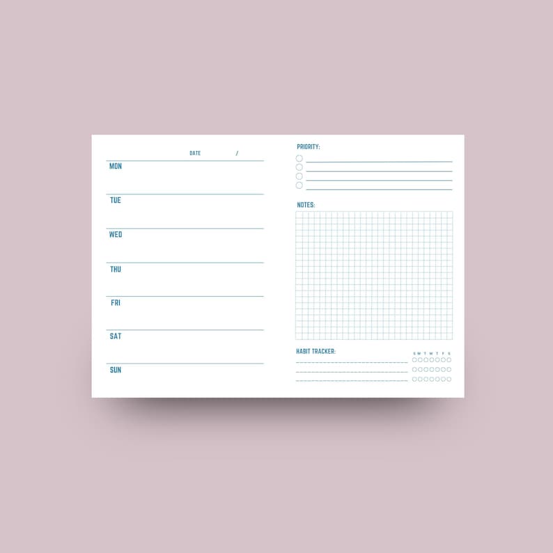 May include: A white weekly planner with blue text and lines. The planner includes sections for each day of the week, a priority list, a notes section, and a habit tracker. The planner is on a light purple background.