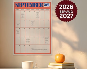 May include: A wall calendar for September 2026 with a red border and blue text. The grid contains handwritten notes for daily tasks. A separate dark red circular badge displays the text 2026 SEP-AUG 2027 in white, sans-serif lettering.