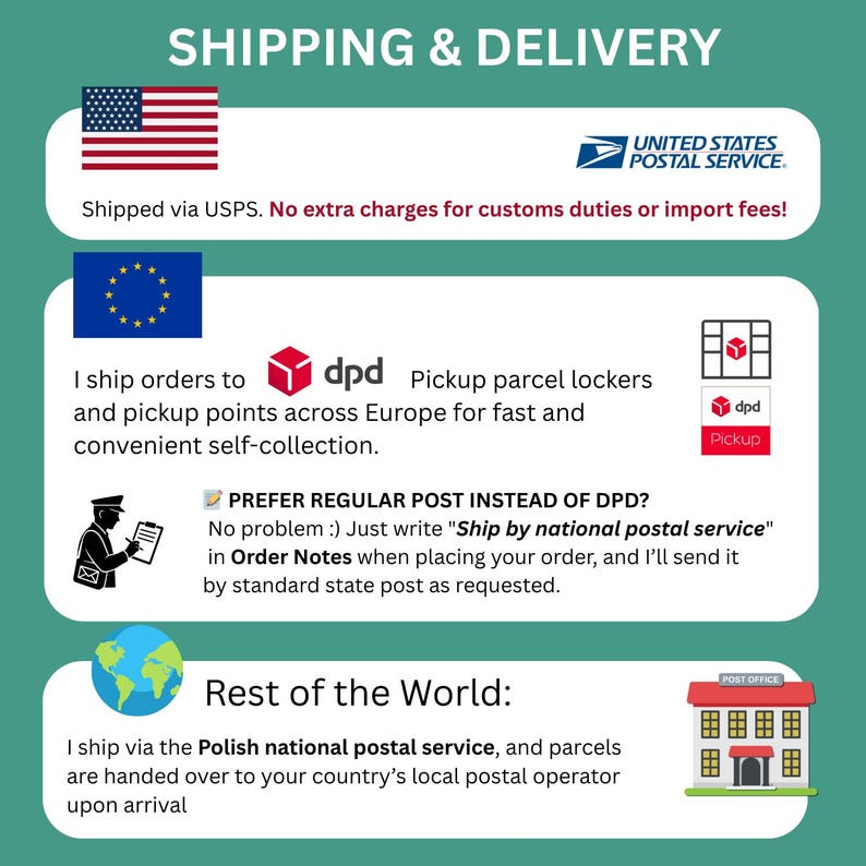K&ouml;nnte beinhalten: Grafik mit Informationen zu Versand- und Lieferoptionen. Enth&auml;lt die US-Flagge und das USPS-Logo, was auf den Versand per USPS hinweist. Zeigt auch Optionen f&uuml;r Europa &uuml;ber DPD und den Rest der Welt &uuml;ber die polnische Post.