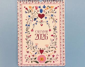 2026 Folk art Wall Calendar A4 Size. Hanging calendar. Monthly planner.