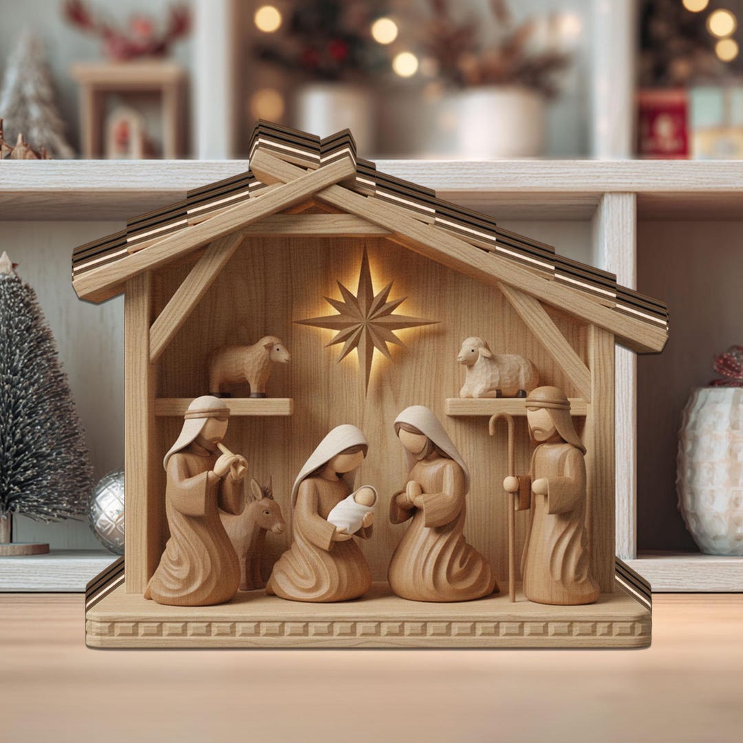 Wooden Nativity Scene Block Decor, Hand Carved Christmas Crèche ...